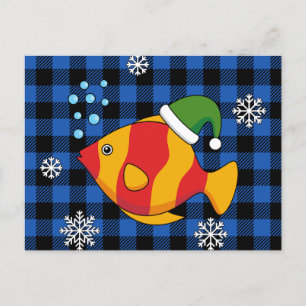 Xmas Tropische Vis Cartoon op Blauw Buffelpatroon Feestdagenkaart