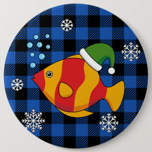 Xmas Tropische Vis Cartoon op Blauw Buffelpatroon Ronde Button 6,0 Cm