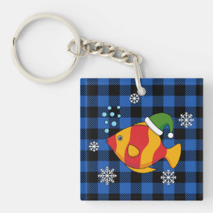 Xmas Tropische Vis Cartoon op Blauw Buffelpatroon Sleutelhanger