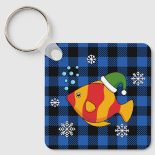 Xmas Tropische Vis Cartoon op Blauw Buffelpatroon Sleutelhanger