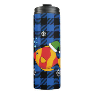 Xmas Tropische Vis Cartoon op Blauw Buffelpatroon Thermosbeker