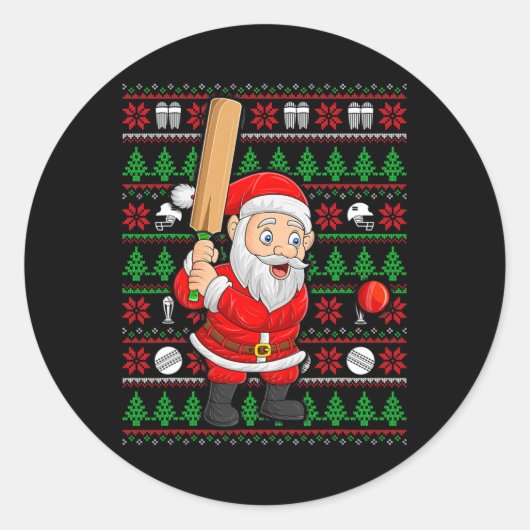 Xmas Ugly Sweater Style Santa Playing Cricket Chri Ronde Sticker (Voorkant)
