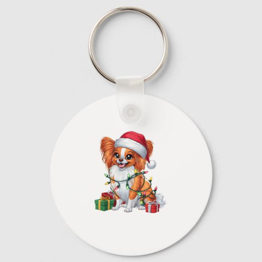 Xmas Verlichting Santa Hat Papillon Hond Kerstmis  Sleutelhanger (Voorkant)