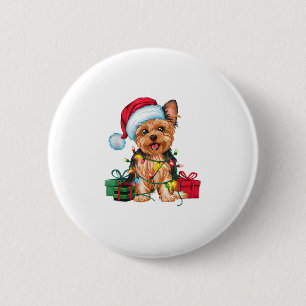 Xmas Verlichting Santa Hat Yorkie Dog Kerstmis _1 Ronde Button 5,7 Cm