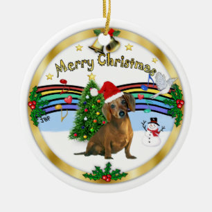 Xmas ZMusic 1 - MC - Bruine Dachshund (hoed) Keramisch Ornament
