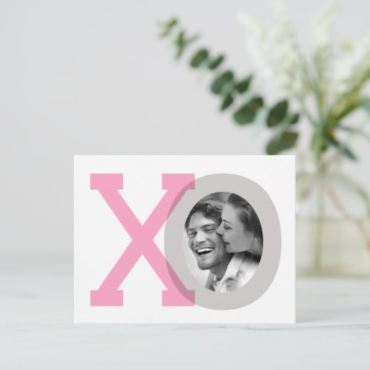 XO grijs roze bruiloft opslaan datum foto Briefkaa Aankondigingskaart (Staand voorkant)