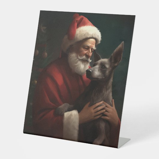 Xoloitzcuintli met Kerstman Feestelijke Kerstmis Reclamebord Met Voetstuk (Voorkant)
