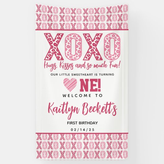 XOXO Knuffels & Kusjes Valentijnsdag 1e verjaardag Spandoek (Verticaal)