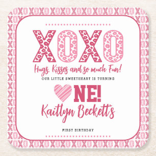 XOXO Knuffels & Kusjes Valentijnsdag 1e verjaardag Vierkante Kartonnen Onderzetter
