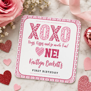 XOXO Knuffels & Kusjes Valentijnsdag 1e Verjaardag Vierkante Sticker