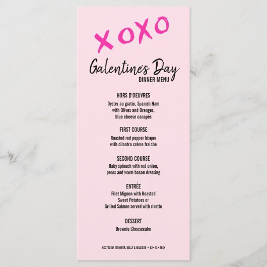 XOXO Pink girly Galentine's feestdiner Menu (Voorkant)