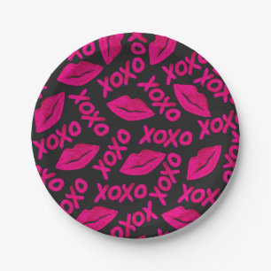 XOXO Quote Black Neon Pink Lipstick Patroon Papieren Bordje
