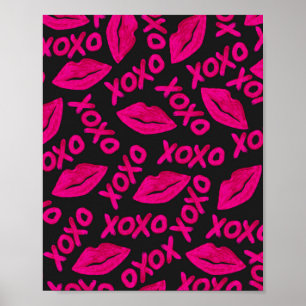 XOXO Quote Black Neon Pink Lipstick Patroon Poster