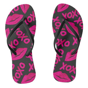 XOXO Quote Black Neon Pink Lipstick Patroon Teenslippers