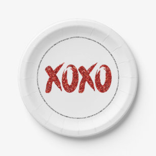 XOXO Red Glitter Glam Brushstroke Hug en Kisses Papieren Bordje