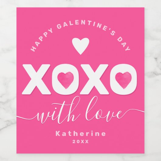 XOXO Roze White Happy Galentine's Day Custom Name Wijn Etiket (Enkel label)