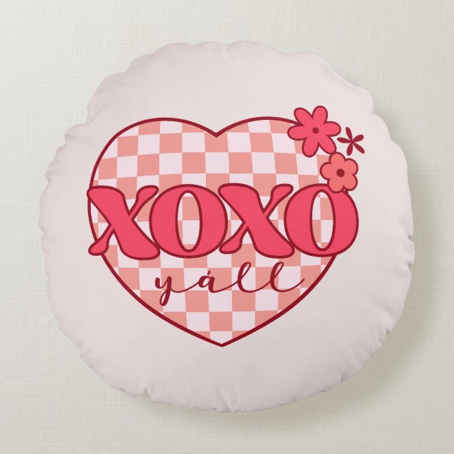XOXO | Schattige & Liefdevol Roze Hart Rond Kussen (Voorkant)