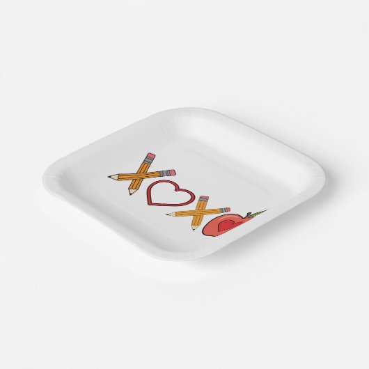 XOXO Teacher Valentijnsdag Pencil en Apple Papieren Bordje (Gebogen)