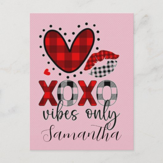 XOXO-vibes alleen, geruite hart Valentijnsdag Briefkaart (Voorkant)