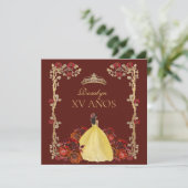 xv JAAR Goud en Bourgondië Rode Roos Quinceañera Kaart (Staand voorkant)