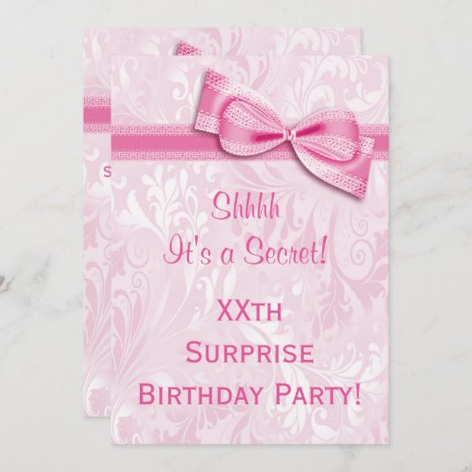 XX VERRASSING Verjaardagsfeest Roze Damast en Boog Kaart (Voorkant / Achterkant)