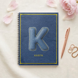Y2K Blauwe Denim 3D Puff Letter K Monogram Naam Notitieboek