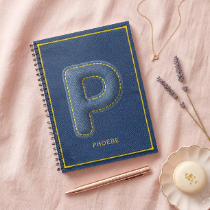 Y2K Blauwe Denim Puffy Letter P Monogram Naam Notitieboek