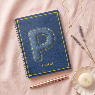 Y2K Blauwe Denim Puffy Letter P Monogram Naam Notitieboek