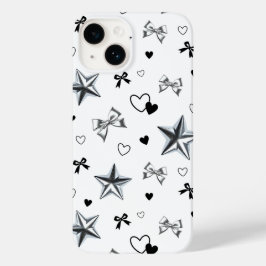 Y2K Dark Coquette Zilveren Ster Lint Hart Patroon Case-Mate iPhone 14 Hoesje