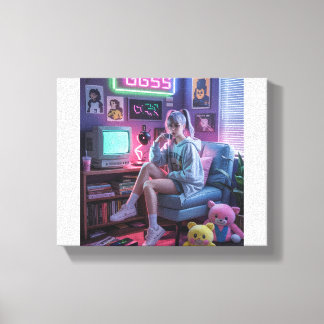 Y2K Gamer Girl Vibes – Retro Tech & Neon Kamer Est Canvas Afdruk