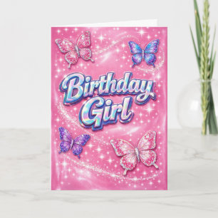 Y2K Glitter Roze Vlinder Verjaardagsmeisje Kaart