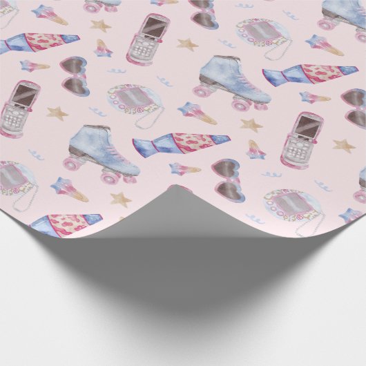 Y2K Nostalgie Rolleskates Retro Pink Cadeaupapier (Hoek)