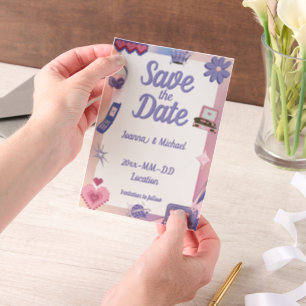 Y2K Roze Paarse 2000s Retro Tech Geek Liefde Bruil Vellum Uitnodigingen