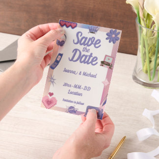 Y2K Roze Paarse 2000s Retro Tech Geek Liefde Bruil Vellum Uitnodigingen