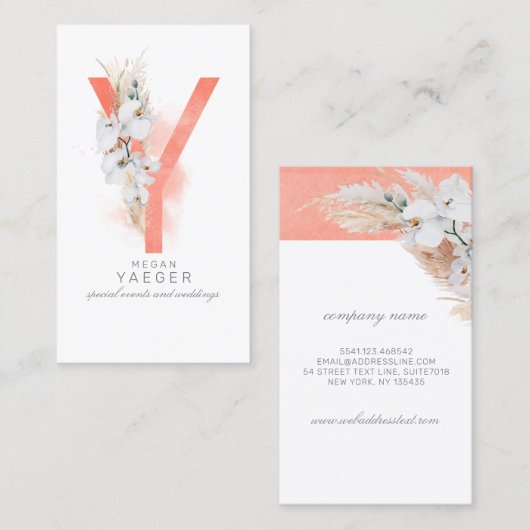 Y Letter Monogram White Orchids and Pampas Grass Visitekaartje (Voorkant / Achterkant)