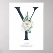 Y Letter Monogram Witte Bloemen en Groene Bladeren Poster (Voorkant)