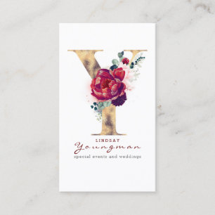 Y Monogram Gold Foil en Bourgogne Red Floral Visitekaartje