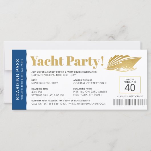 Yacht Boat Cruise Birthday Ticket Invitation (Voorkant)