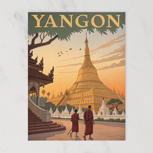 Yangon Pagoda en Birmese Retro Briefkaart