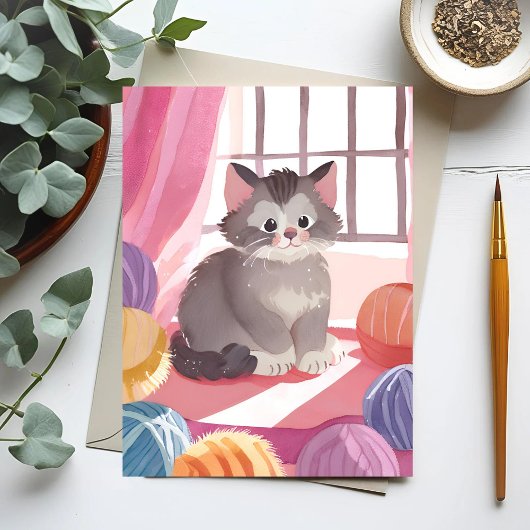 Yarn Ball Kitten | Carte Postale Cat Watercolor