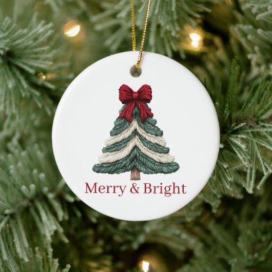 Yarn Faux Embroidery Christmas Tree Merry Bright Keramisch Ornament (Boom)