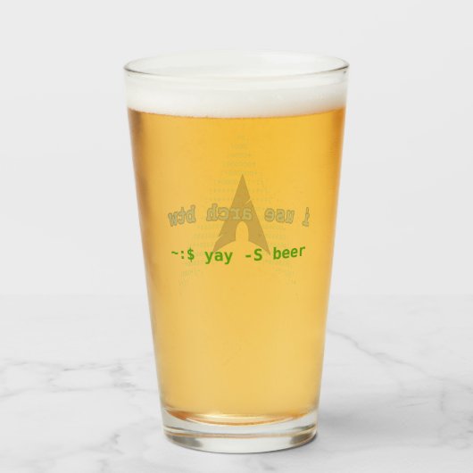 ~:$ yay -S beer (btw logo) Glas (Achterkant gevuld)