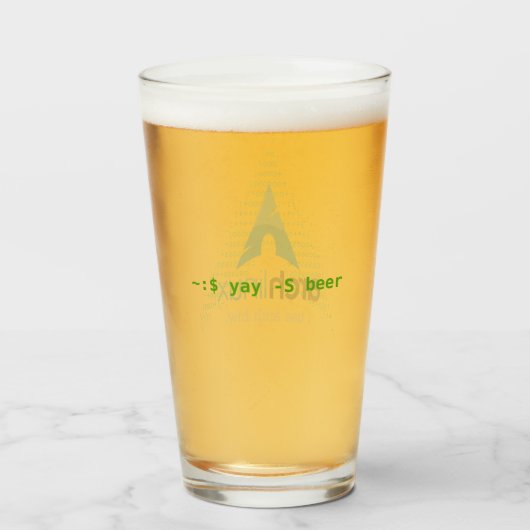 ~:$ yay -S beer (Officiële logo w/Fetch) Glas (Achterkant gevuld)