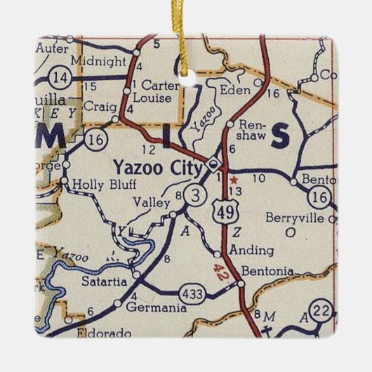 Yazoo City MS Map Keramisch Ornament (Voorkant)