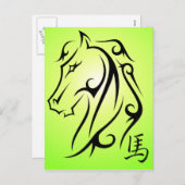Year of the Horse Horses Head Postcard Green Feestdagenkaart (Voorkant / Achterkant)