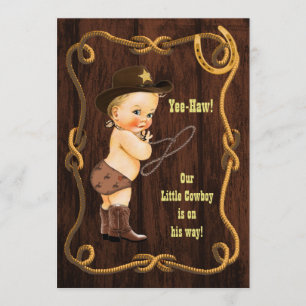 Yee-Haw! Blonde Cowboy Rustic Baby shower Kaart