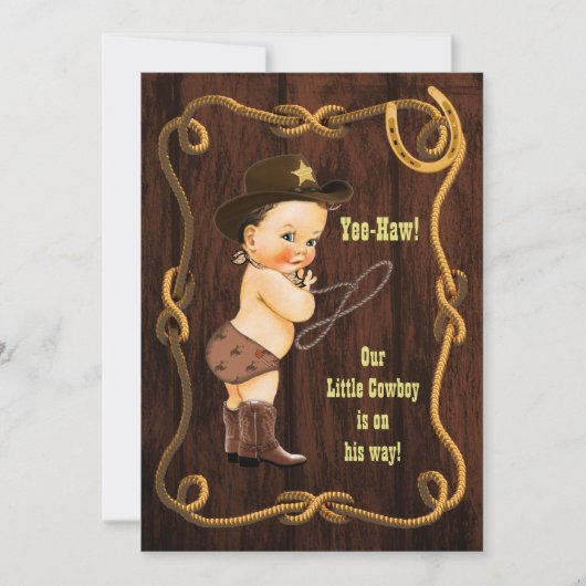 Yee-Haw! Brunette Cowboy Rustic Baby shower Kaart (Voorkant)