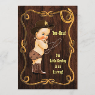 Yee-Haw! Brunette Cowboy Rustic Baby shower Kaart