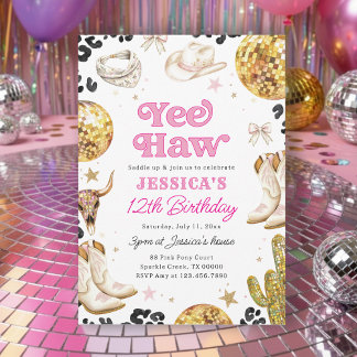 Yee Haw Disco Cowgirl Rodeo Roze Verjaardagsfeestj Kaart