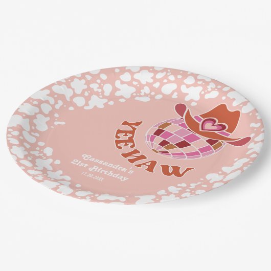 Yee Haw Peach Disco Cowgirl Rodeo Verjaardag Papieren Bordje (Gekanteld)